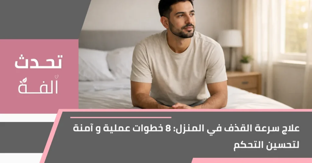 رجل عربي في أوائل الثلاثينات يجلس بهدوء على طرف السرير في غرفة نوم بسيطة بإضاءة صباحية، ضمن تصميم عنوان مقال عن علاج سرعة القذف في المنزل وتحسين التحكم.