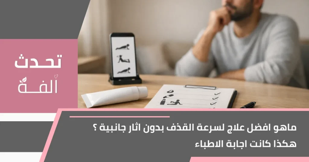 رجل يفكر أمام مكتب مع كريم غير معلم وورقة خطة وتمارين على الهاتف، مع عنوان المقال عن افضل علاج سرعة القذف بدون آثار جانبية.